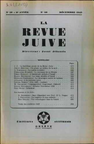 La Revue Juive de Genève. Vol. 8 n° 10 fasc. 80 (décembre 1945)